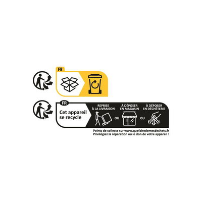 Instructions de recyclage avec icônes pour la reprise et l’élimination des appareils en France