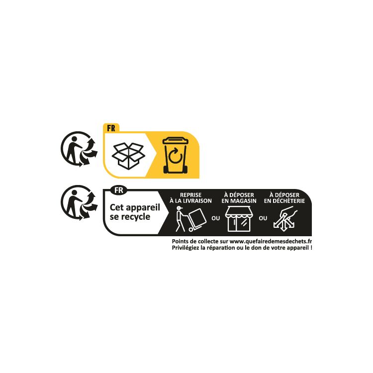 Instructions de recyclage avec icônes pour la reprise et l’élimination des appareils en France