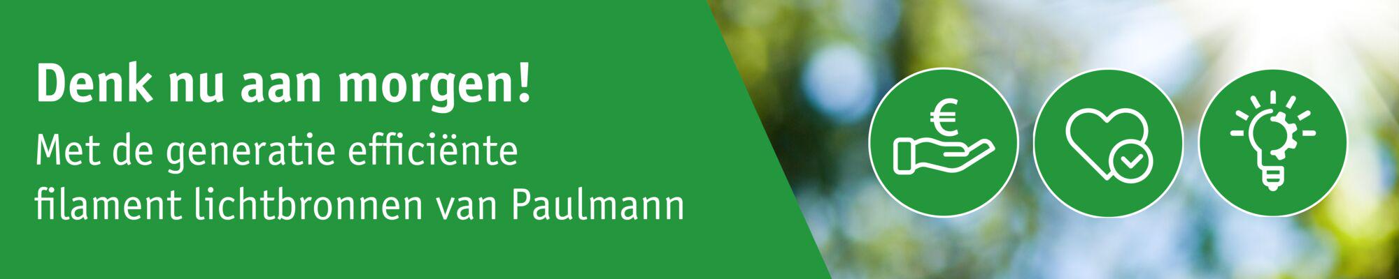 Groene banner met boodschap over efficiënte Paulmann filament lichtbronnen voor duurzame verlichting.