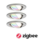 Three round recessed spotlights in brushed stainless steel with RGB color change and Zigbee support