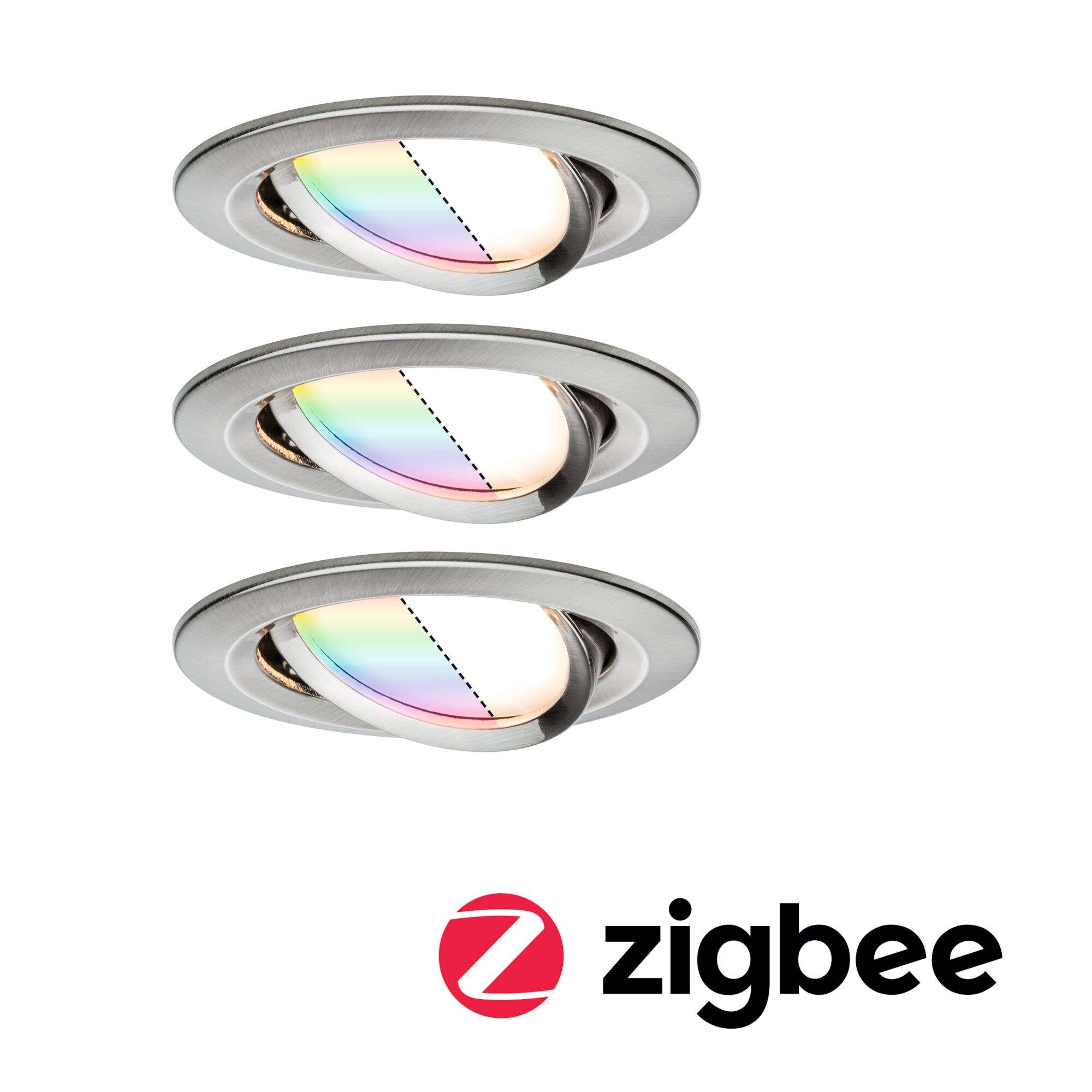 Oświetlenie wpuszczane LED Smart Home Zigbee 3.0 Nova Plus Coin Zestaw podstawowy obrotowy okrągły 84mm 50° Coin 3x5,2W 3x400lm 230V ściemnialny RGBW+ żelazo szczotkowane Three round recessed spotlights in brushed stainless steel with RGB color change and Zigbee support