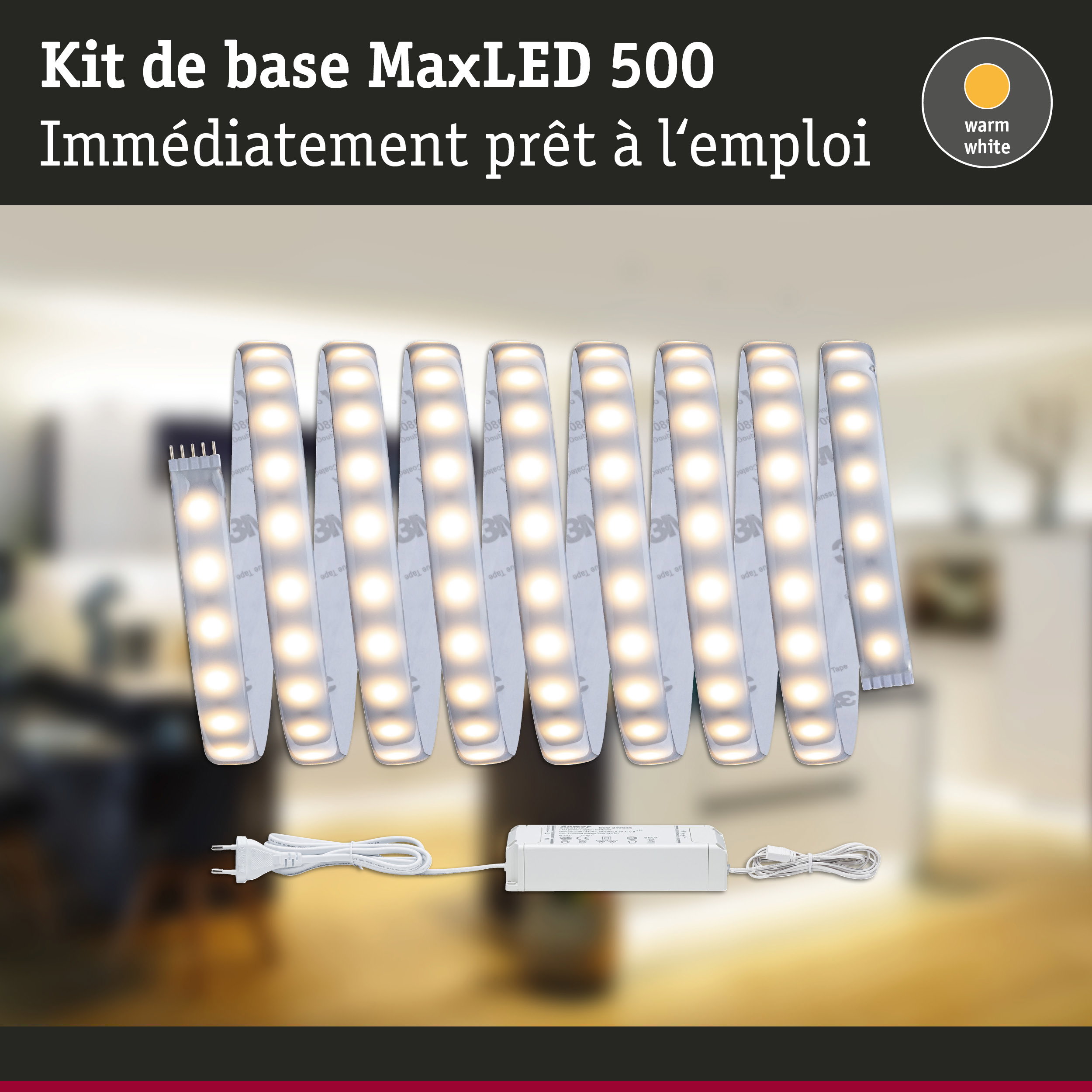 Kit de base MaxLED 500 avec bandes LED flexibles blanc chaud et alimentation pour éclairage intérieur