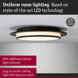 Round black LED ceiling light with additional lateral light emission and bayonet catch for easy installation