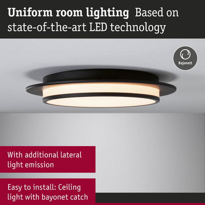 Round black LED ceiling light with additional lateral light emission and bayonet catch for easy installation