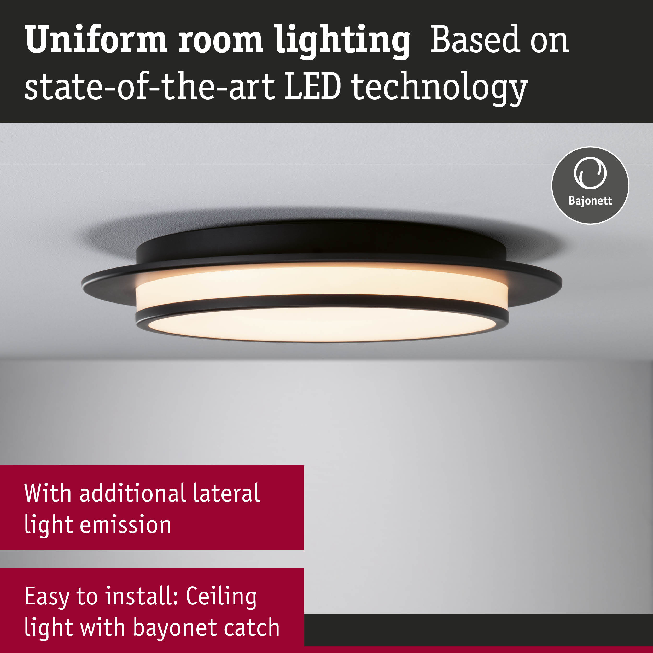 Black LED ceiling light with uniform room lighting and bayonet catch for easy installation