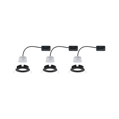 Three black recessed spotlights with white LED modules and cables for modern interior lighting