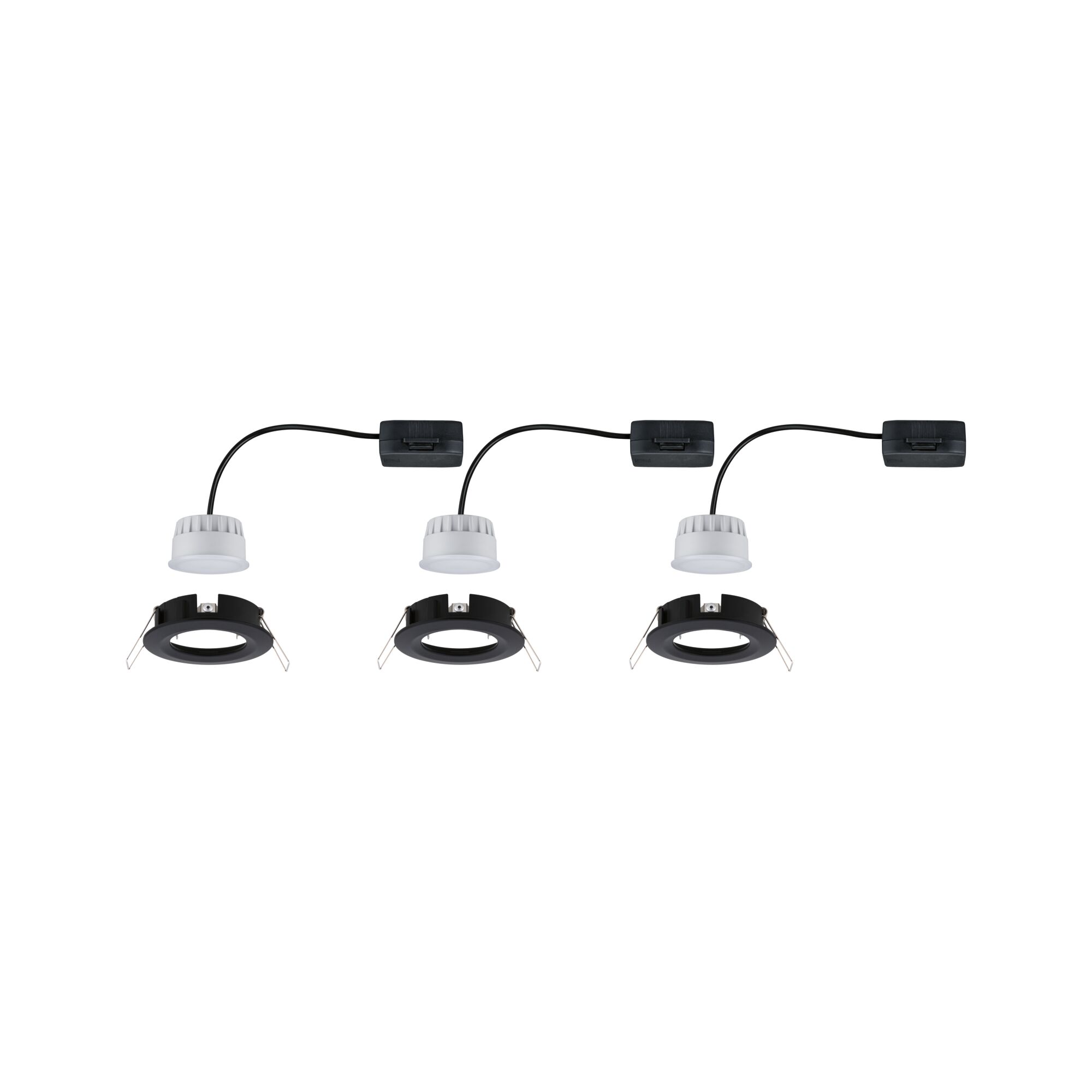 Drei schwarze Einbaustrahler mit weißen LED-Modulen und Anschlusskabeln für moderne Raumbeleuchtung