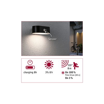 Black LED wall light with motion sensor and 110° detection angle for outdoor use.