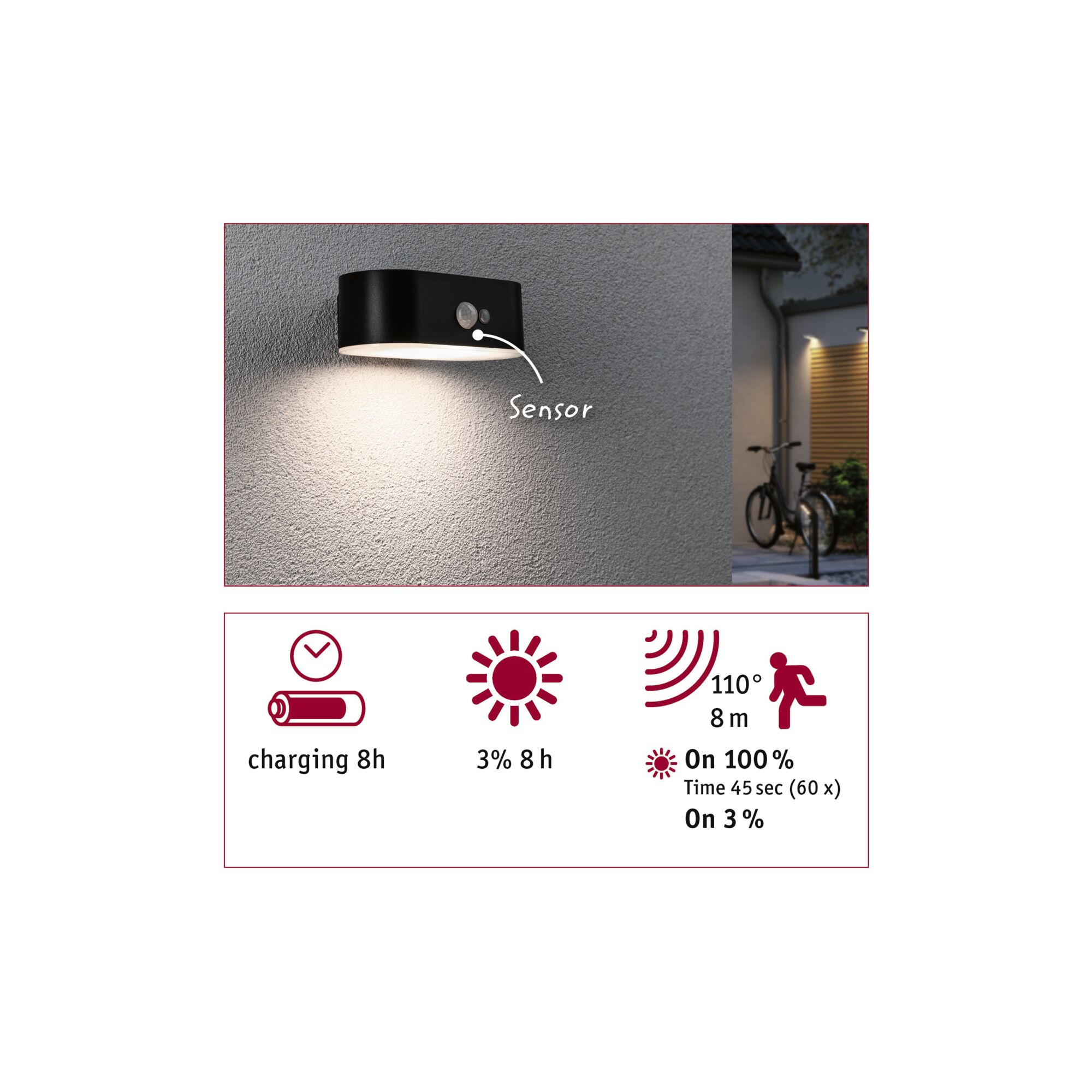 Schwarze LED-Wandleuchte mit Bewegungssensor und 110° Erfassungswinkel für Außenbereiche.
