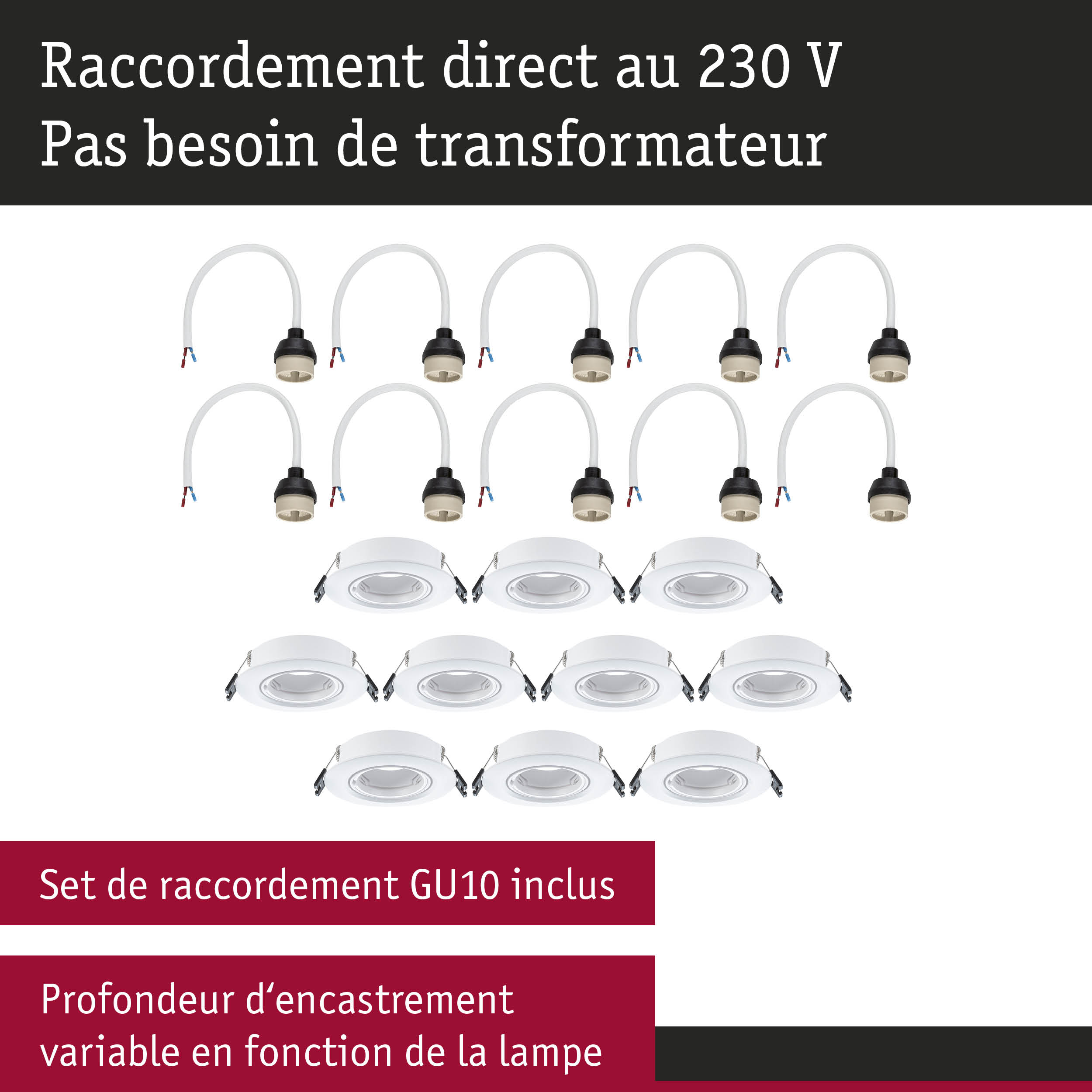 Spot encastré blanc avec douille GU10 et raccordement direct 230V sans transformateur, profondeur d'encastrement variable