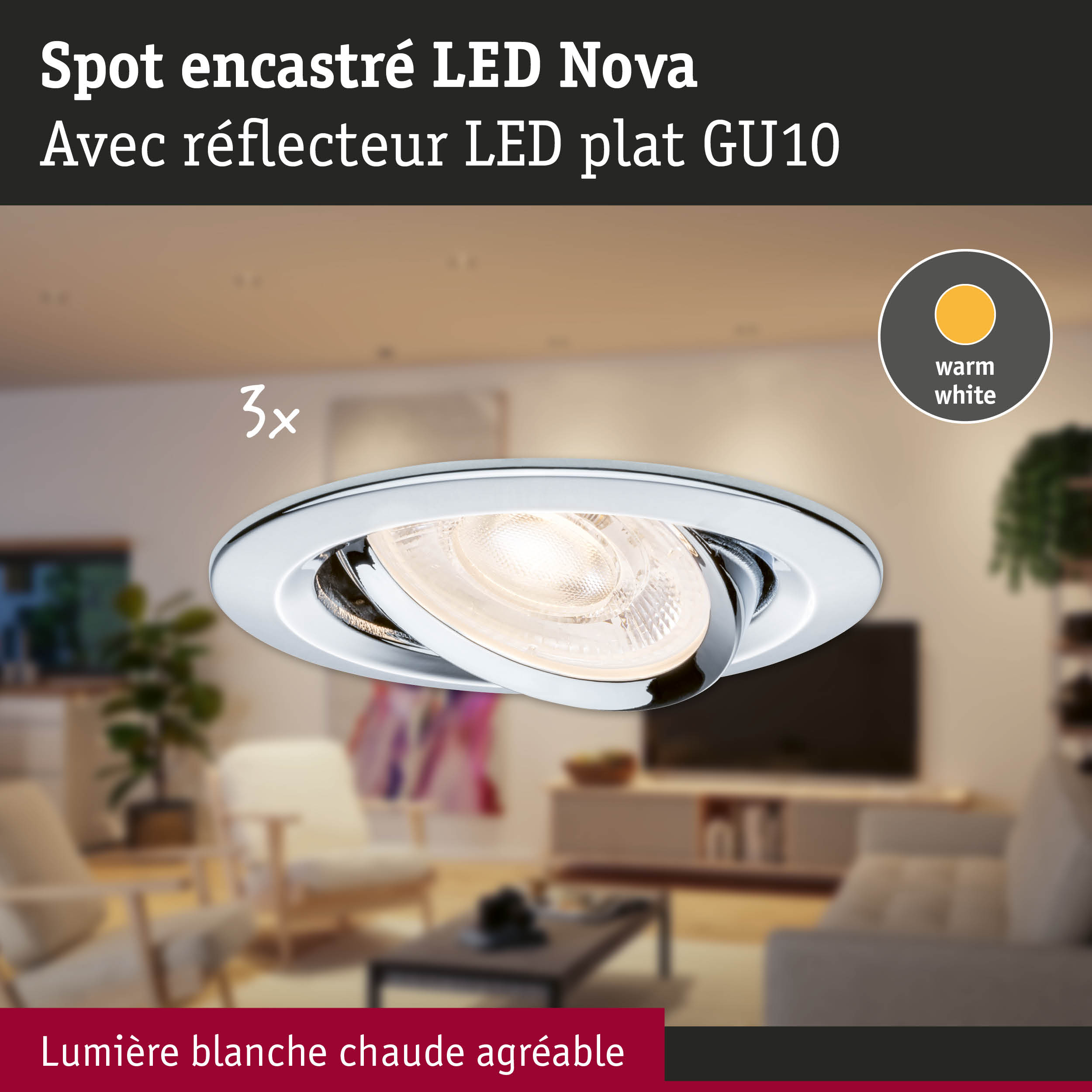 Spot encastré LED Nova blanc avec réflecteur LED plat GU10 et lumière blanc chaud agréable