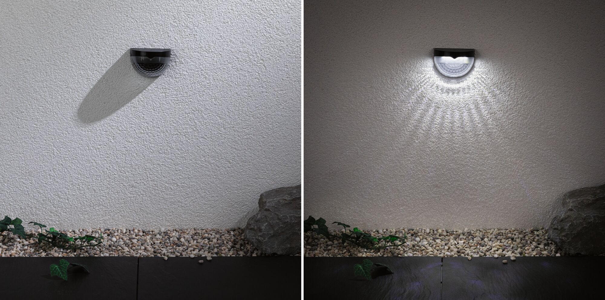Applique murale LED noire en plastique sur mur blanc éteinte et allumée, éclairage extérieur avec sol en pierres