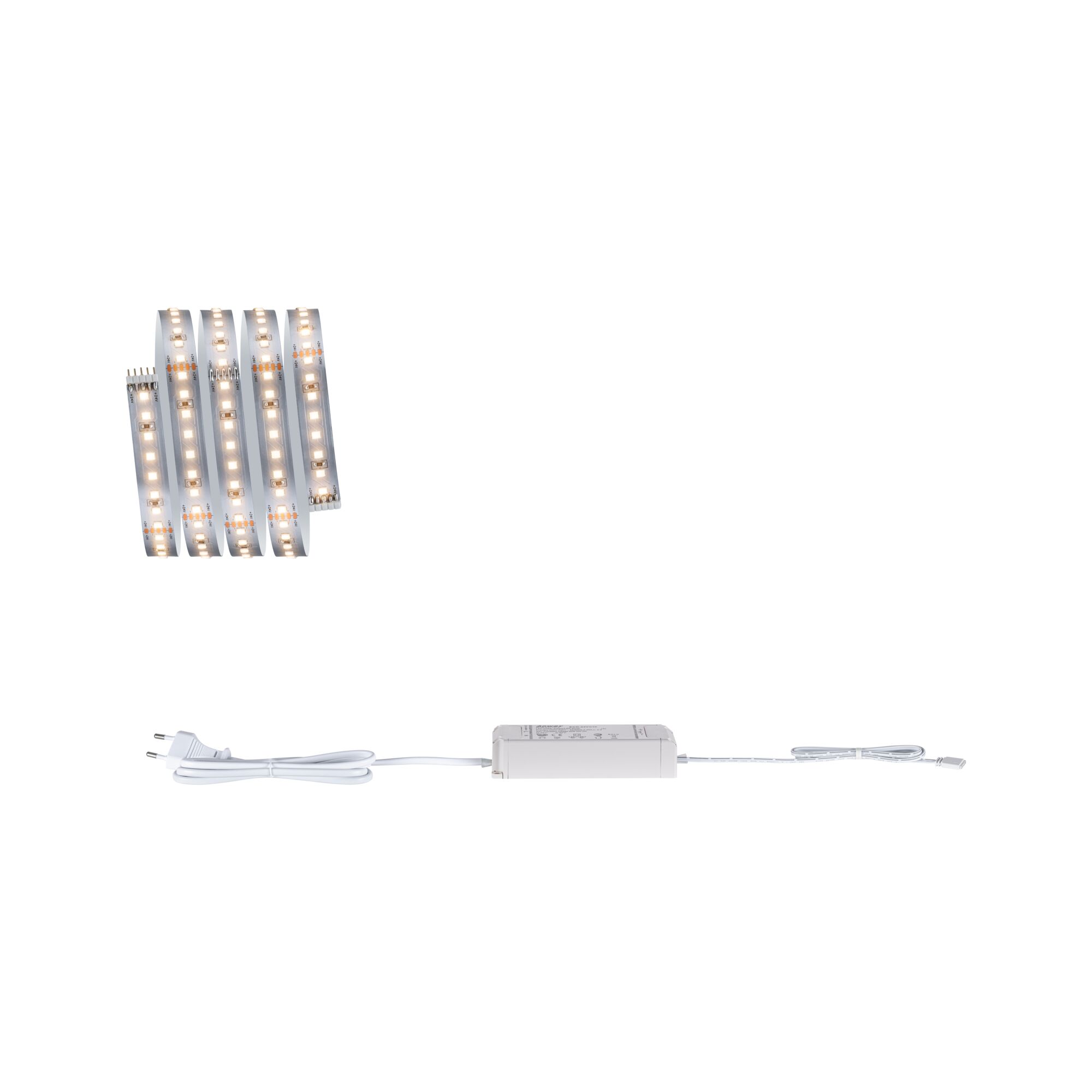 Weißes LED-Lichtband mit Netzteil und Stecker für flexible Beleuchtungslösungen im Innenbereich