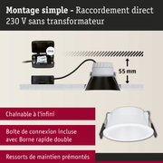 Spot encastré blanc avec profondeur d'installation de 55 mm et raccordement direct 230 V sans transformateur