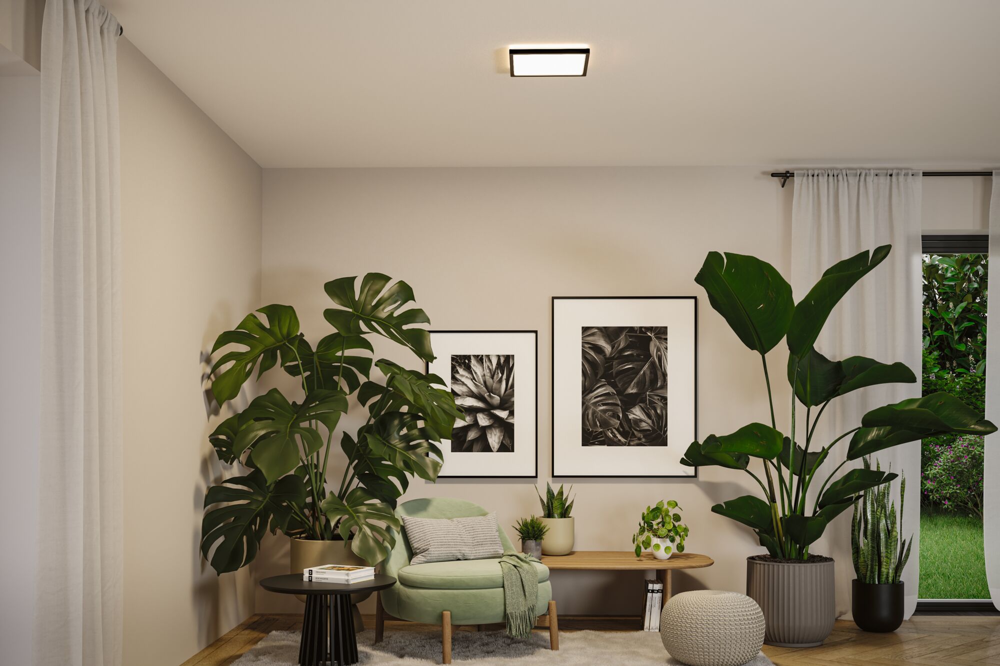Square ceiling light with white diffuser and black frame for modern living room lighting