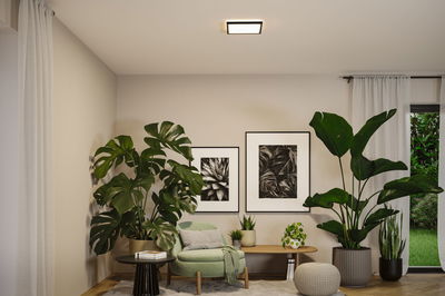 Square ceiling light with white diffuser and black frame for modern living room lighting