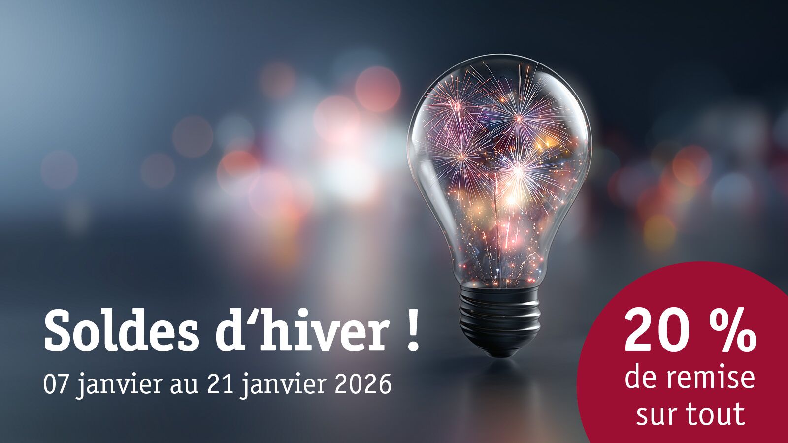 Ampoule avec feux d'artifice sur fond flou, soldes d'hiver avec 20 % de remise