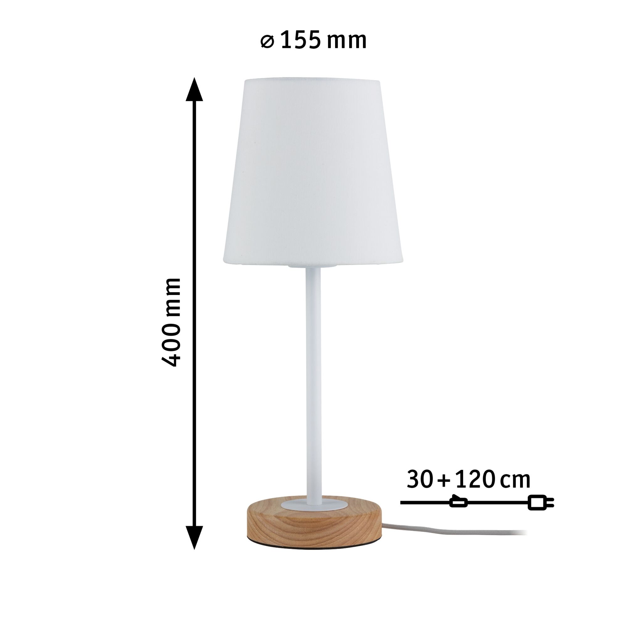 Weiße Tischlampe mit Stoffschirm und Holzfuß, 40 cm hoch, Kabel 150 cm lang, moderne Wohnraumbeleuchtung