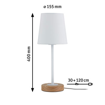 Weiße Tischlampe mit Stoffschirm und Holzfuß, 40 cm hoch, Kabel 150 cm lang, moderne Wohnraumbeleuchtung