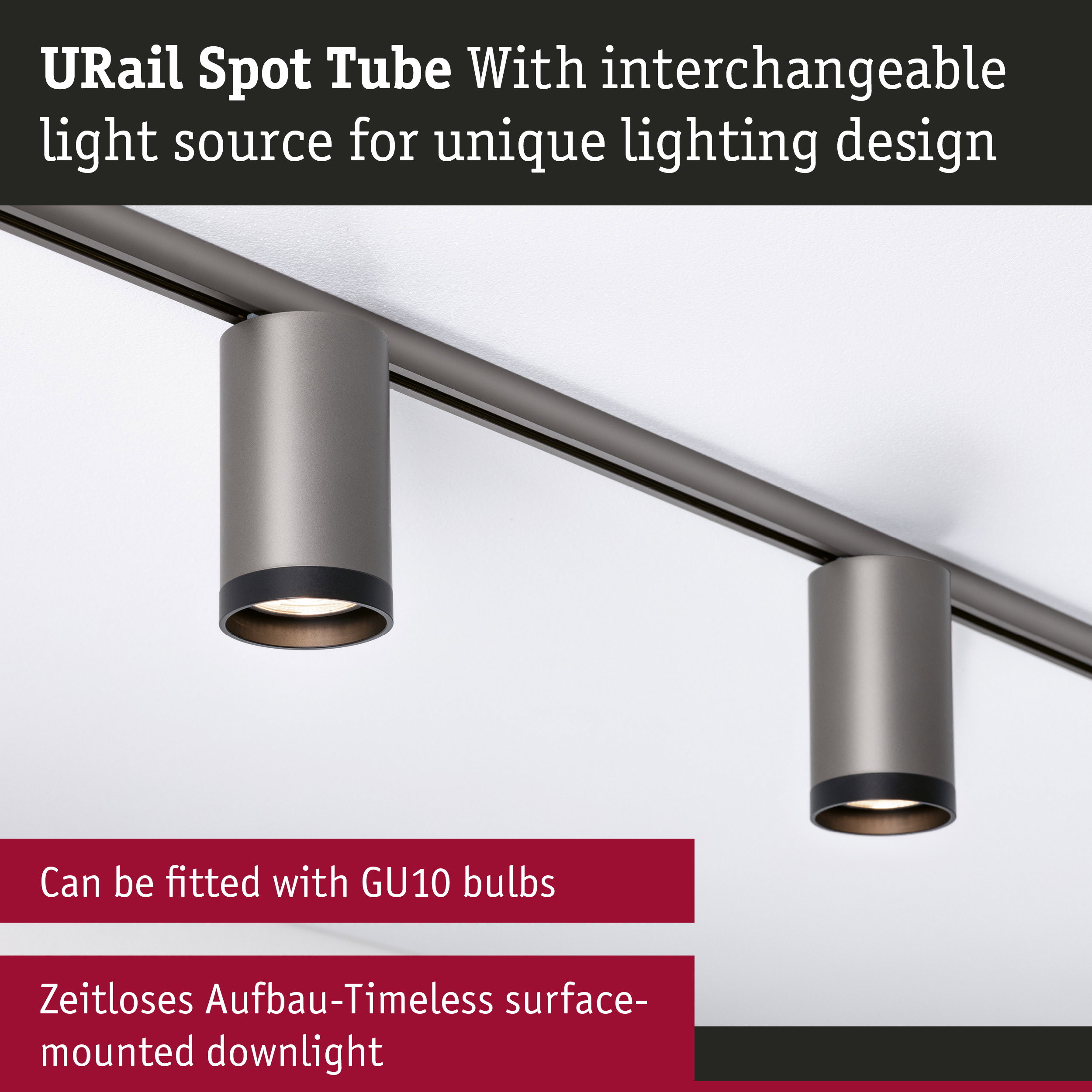 URail Rail spot Tube GU10 max. 10W dimmable 230V Titanium