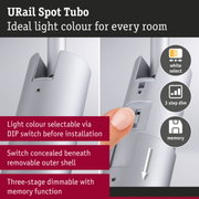 URail Spot Tubo silver metal spotlight with selectable light colour and three-step dimmable memory function