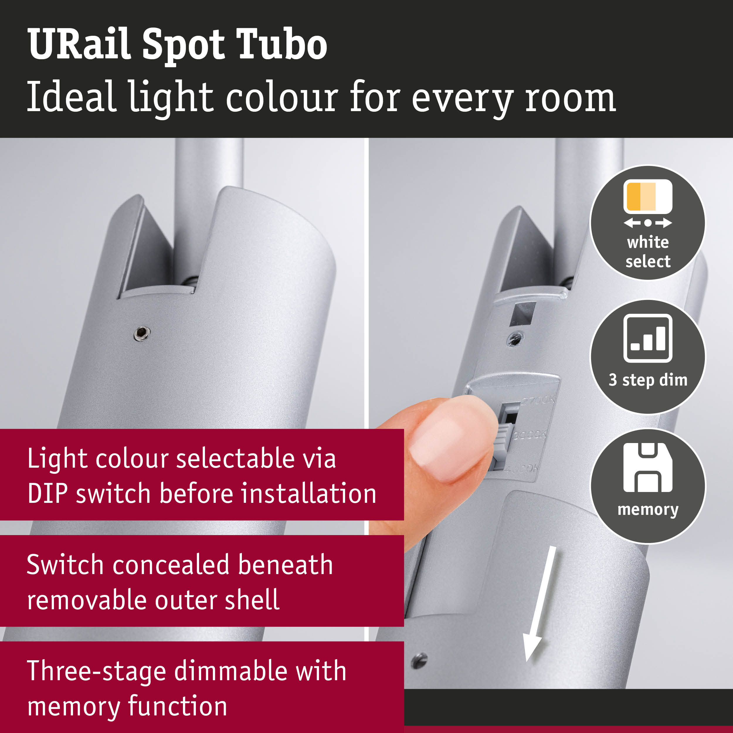 URail Spot Tubo silver metal spotlight with selectable light colour and three-step dimmable memory function