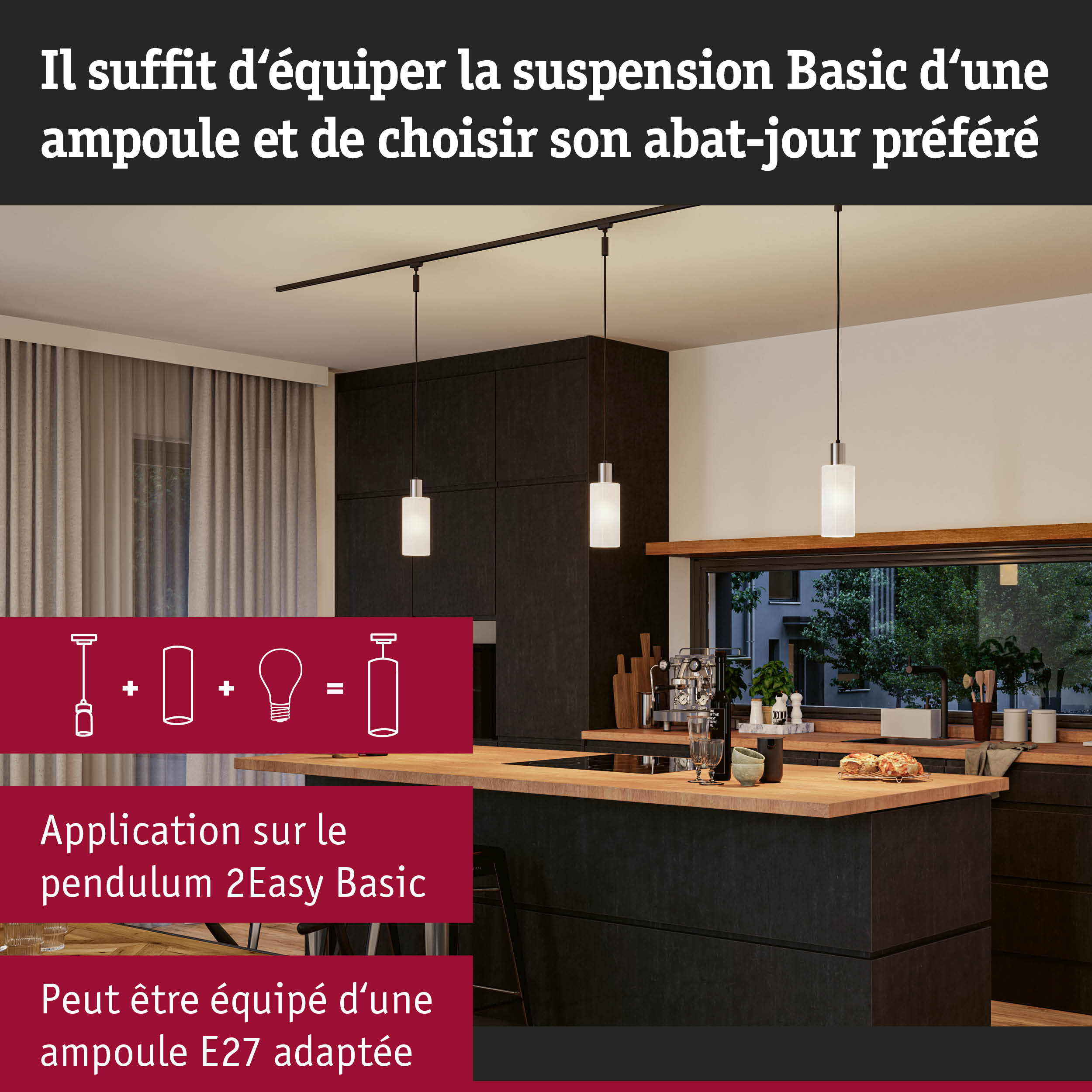 Suspension Basic moderne avec abat-jour en verre blanc et câble noir dans cuisine élégante