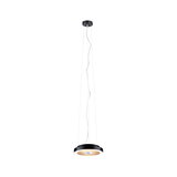 Black round LED pendant light with warm white illumination for modern living spaces