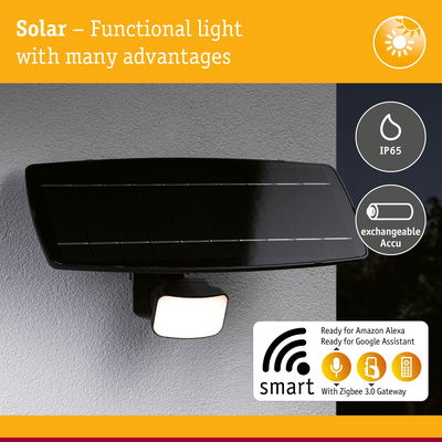 Black solar outdoor light with IP65 rating and exchangeable battery, smart control via Alexa and Google Assistant.