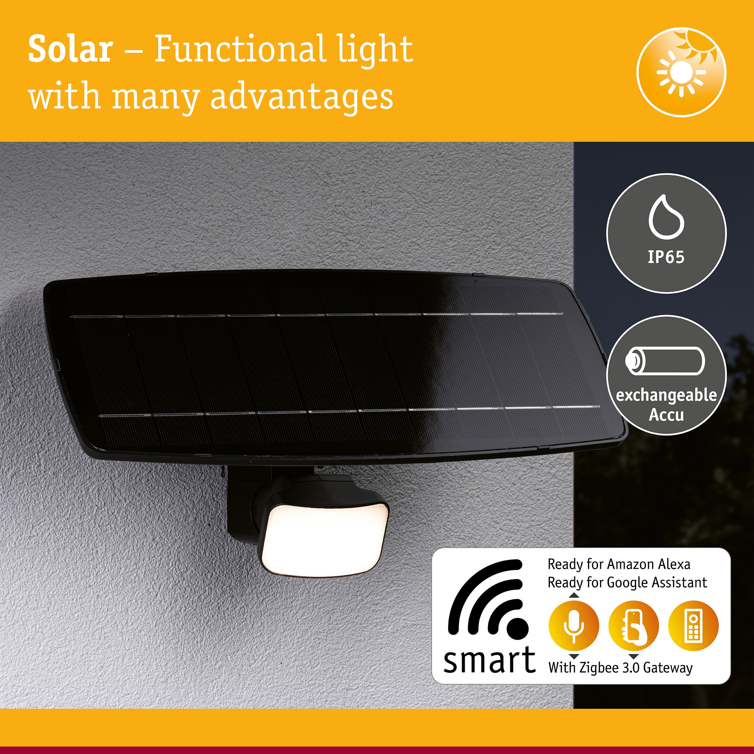 Black solar light with IP65 rating and exchangeable battery, smart control via Zigbee 3.0 Gateway