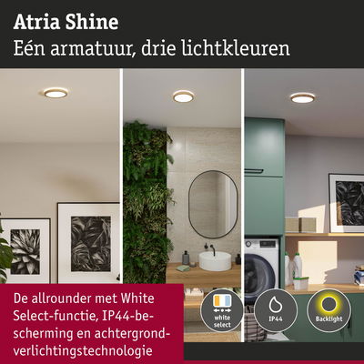 Atria Shine plafondlamp met drie lichtkleuren, IP44 bescherming en achtergrondverlichting voor badkamer en wasruimte
