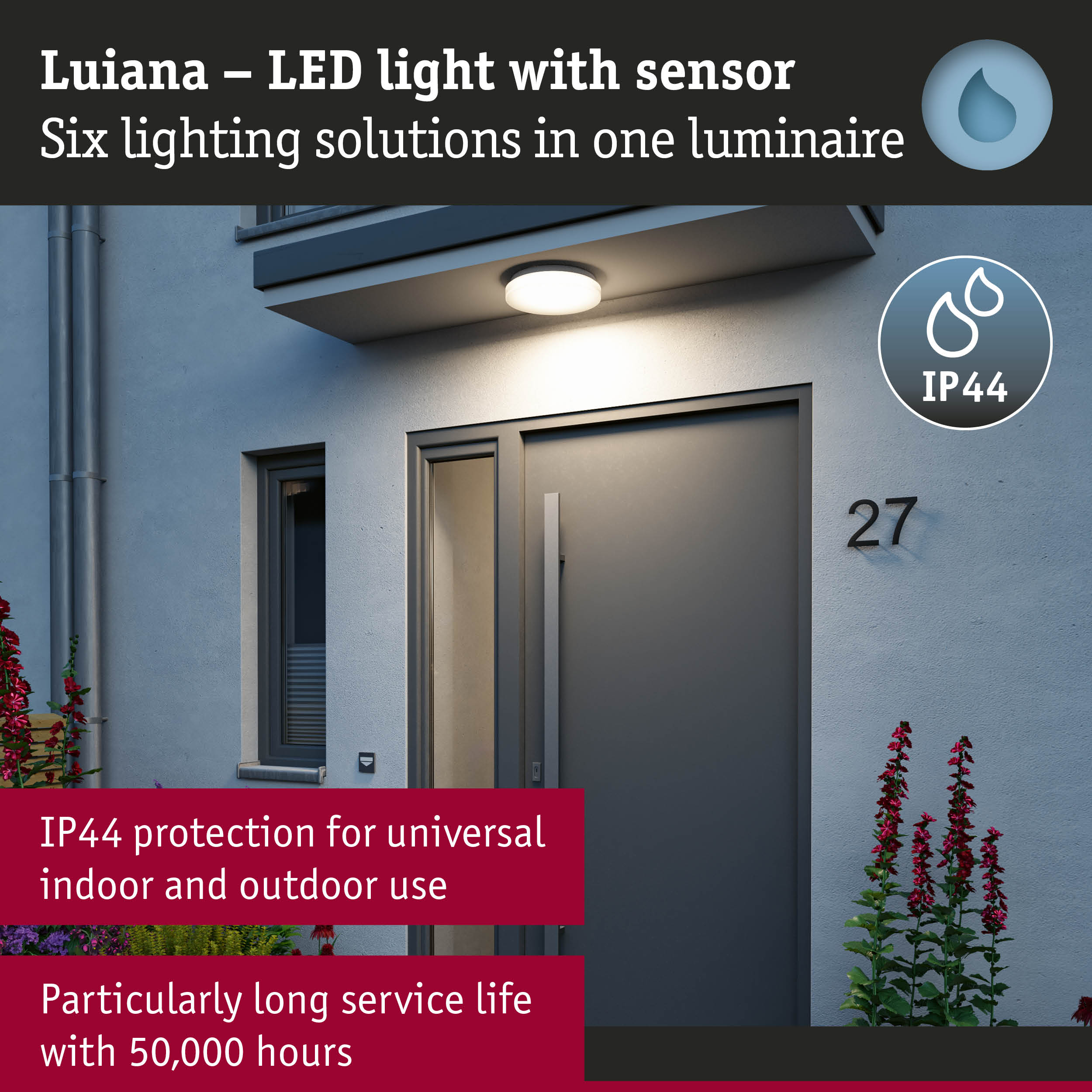 Luiana white LED light with sensor, IP44 protection for outdoor and indoor entrance lighting