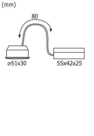 Technical drawing showing dimensions of LED recessed spotlight system with 80 mm cable bend.