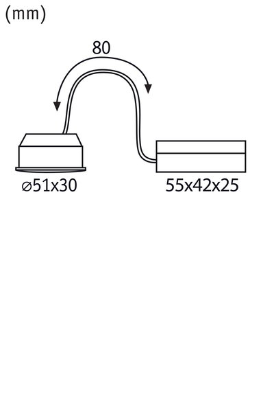 Technical drawing showing dimensions of LED recessed spotlight system with 80 mm cable bend.