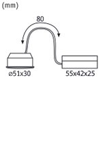 Technische Zeichnung mit Maßen eines LED-Einbaustrahler-Systems mit 80 mm Kabelbogen.