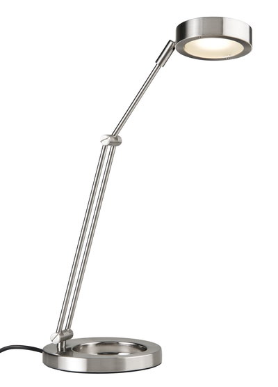 Modern LED desk lamp in brushed stainless steel with round light head and adjustable arm