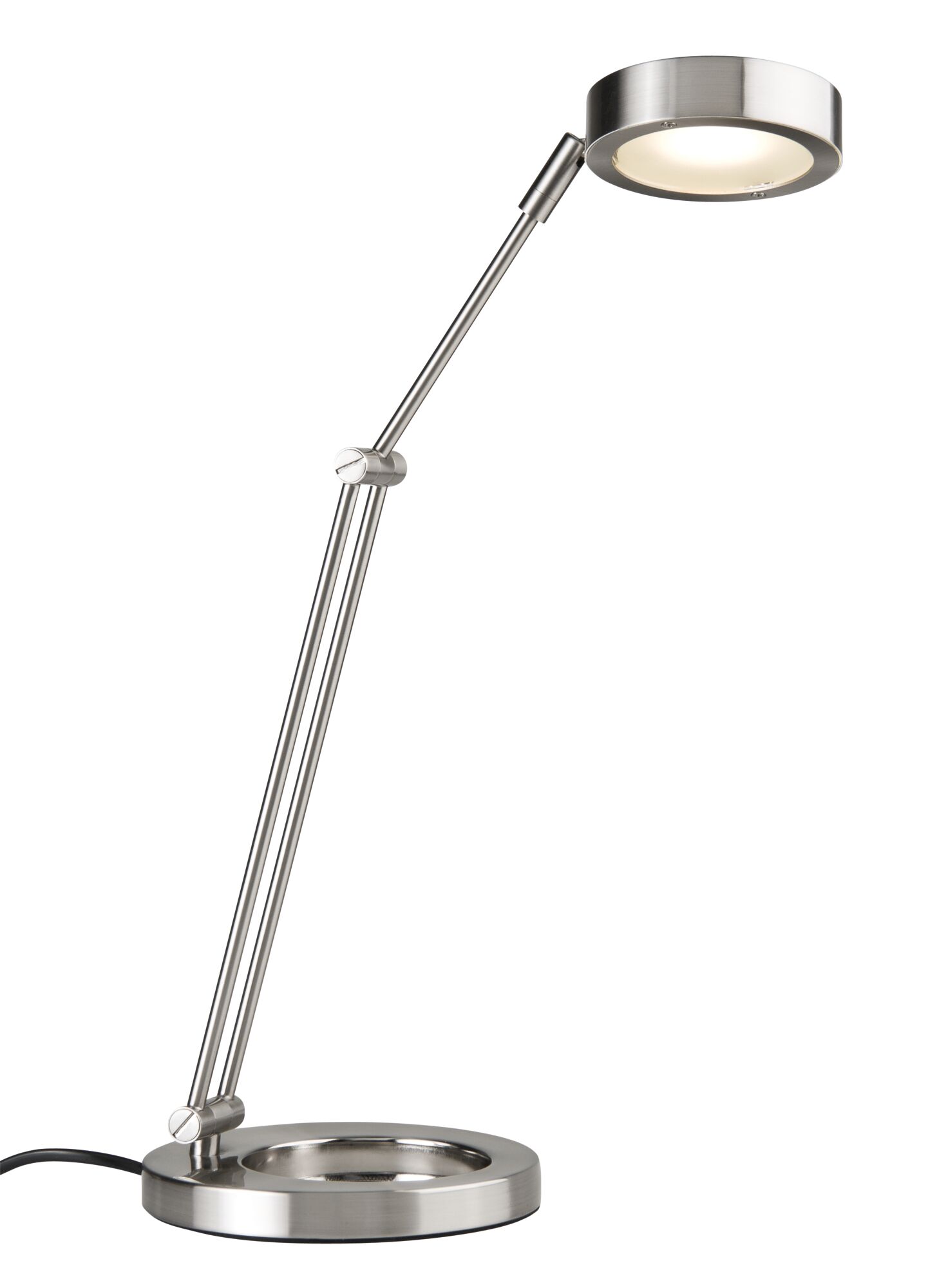 Moderne LED-Tischleuchte aus gebürstetem Edelstahl mit rundem Leuchtkopf und verstellbarem Arm