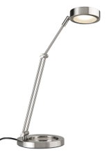 Moderne LED-Tischleuchte aus gebürstetem Edelstahl mit rundem Leuchtkopf und verstellbarem Arm