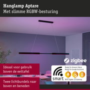 Zwarte LED-hanglamp Aptare met RGBW-besturing en Zigbee voor slimme verlichting boven de eettafel