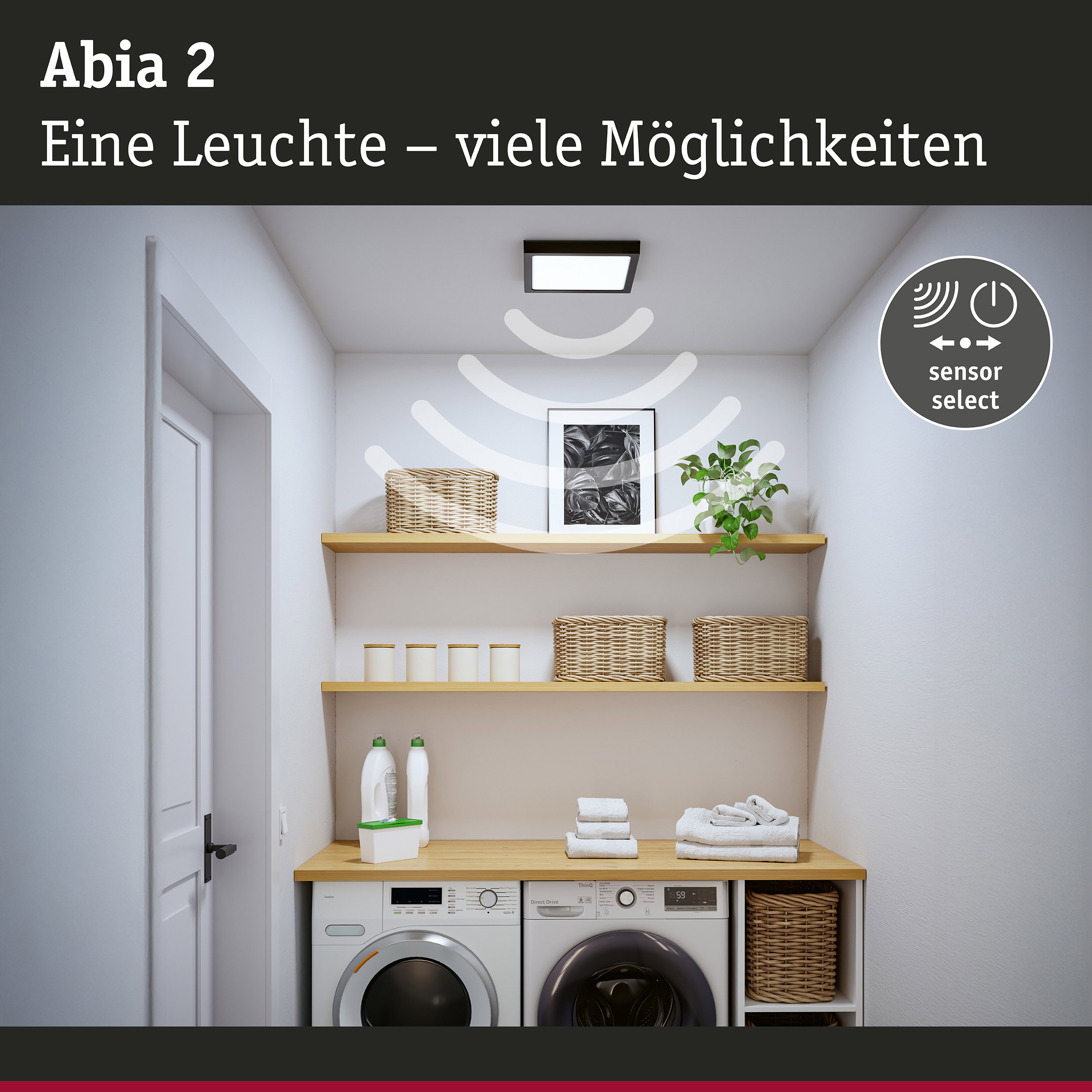 Abia 2 LED-Deckenleuchte in Schwarz mit Sensorfunktion für moderne Hausbeleuchtung im Waschraum