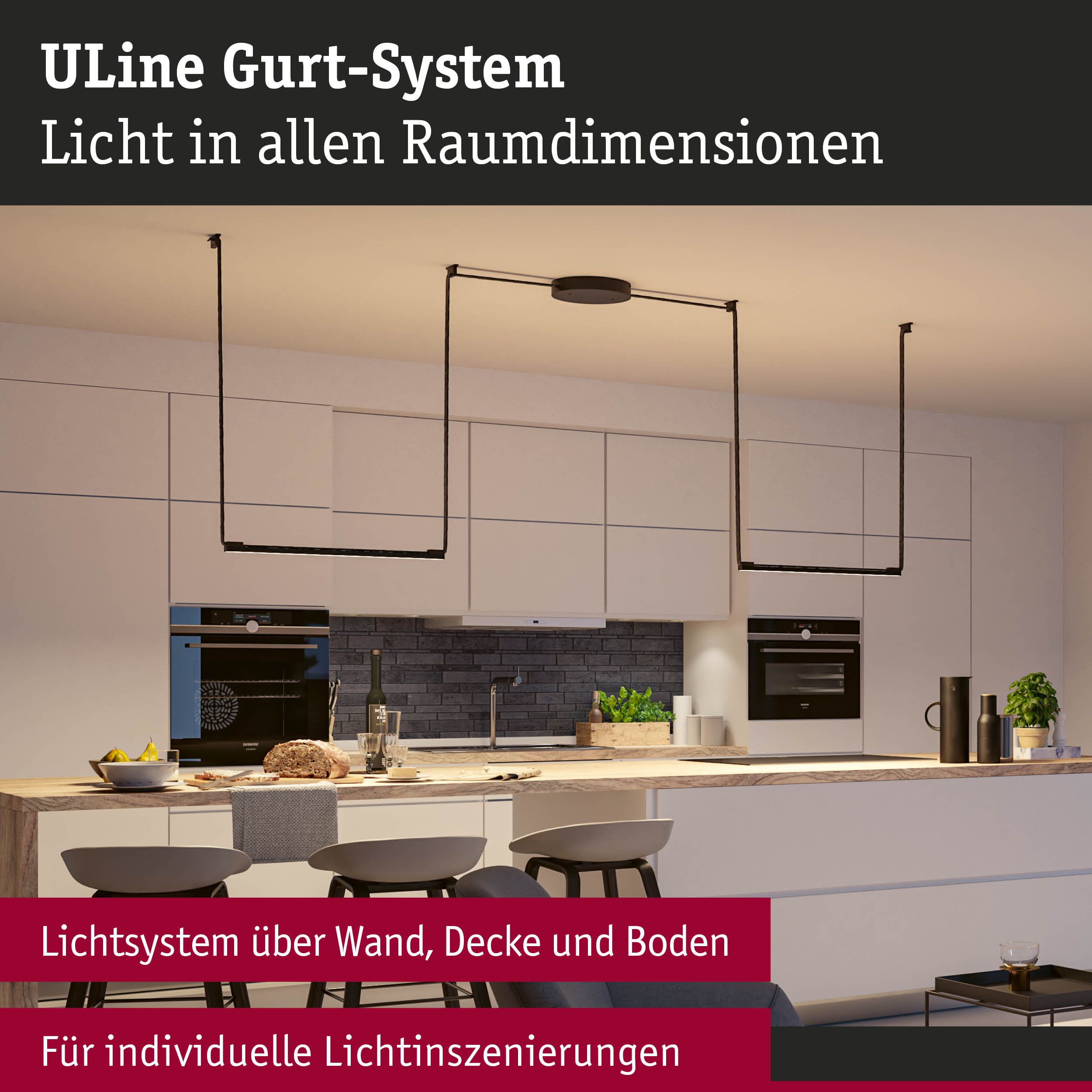 Modernes ULine Gurt-System in Schwarz über Kücheninsel für flexible Lichtgestaltung in Wohnräumen