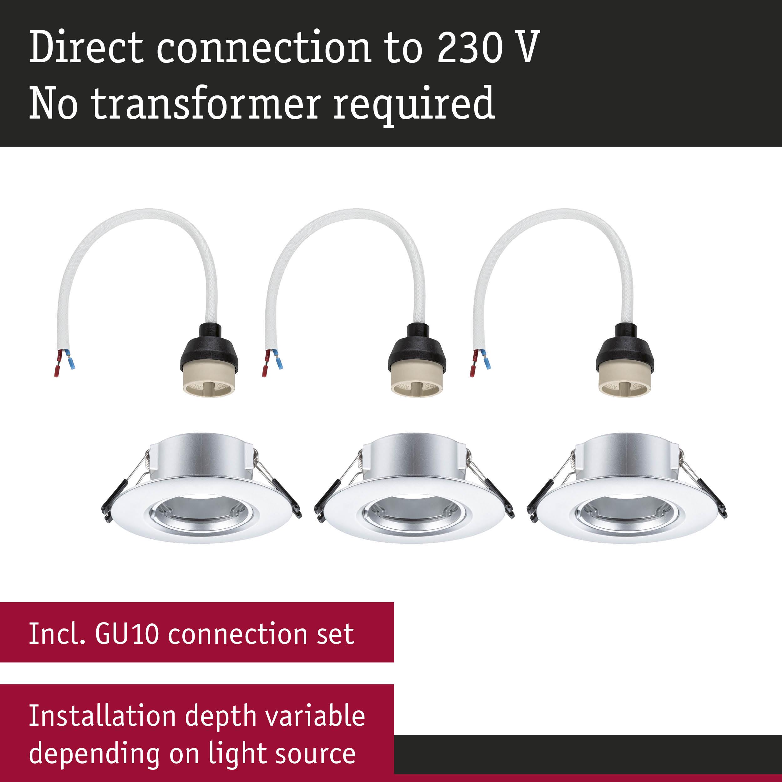 Three silver recessed spotlights with GU10 connection cables for 230 V direct connection, variable installation depth
