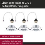 Three silver recessed spotlights with GU10 connection cables for 230 V direct connection, variable installation depth