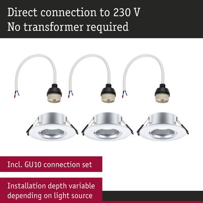Three silver recessed spotlights with GU10 connection cables for 230 V direct connection, variable installation depth