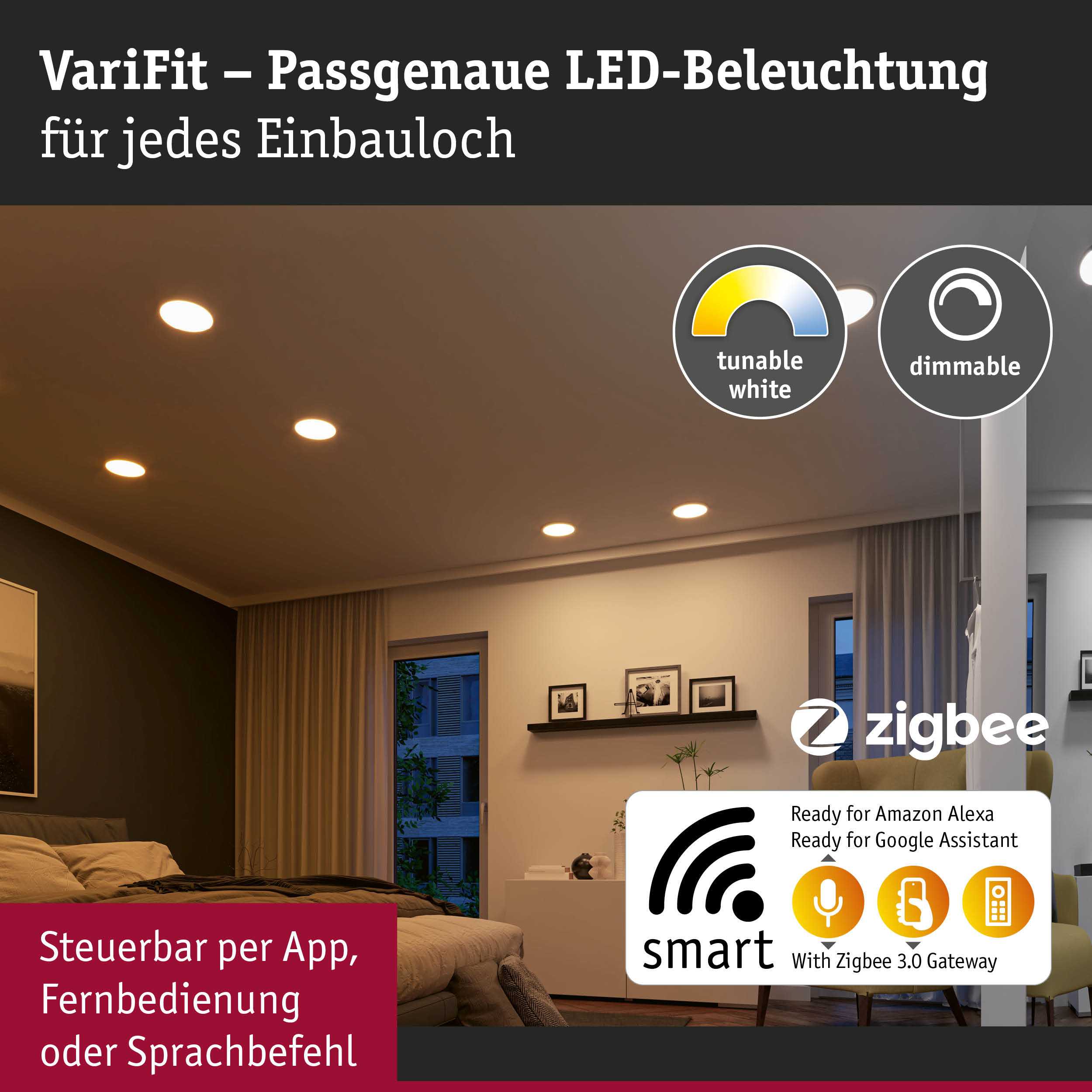 VariFit LED-Einbauleuchten mit einstellbarem Weißton und Dimmfunktion, steuerbar per App und Sprachbefehl