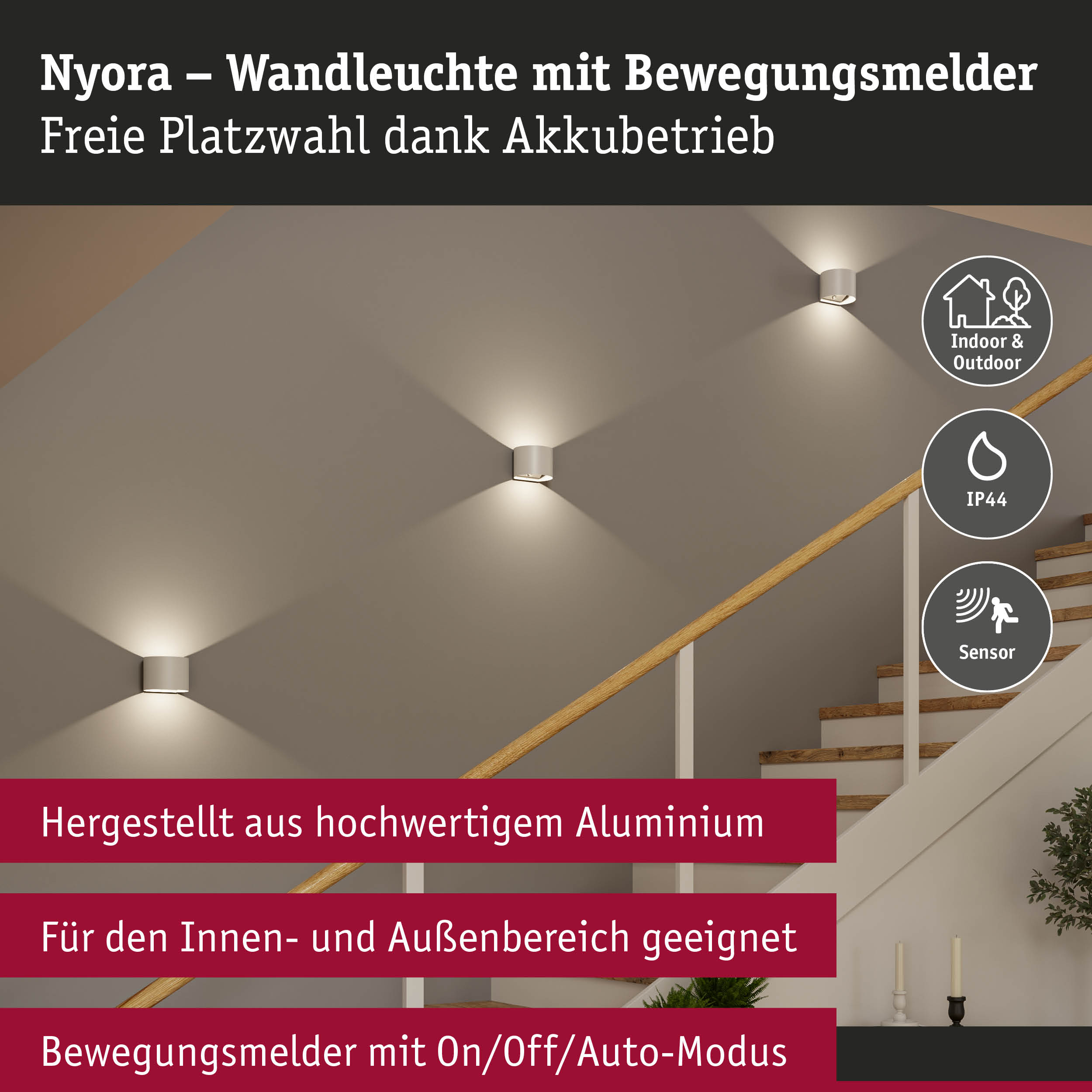 Nyora Wandleuchte aus Aluminium in Weiß mit Bewegungsmelder für Innen- und Außenbereich