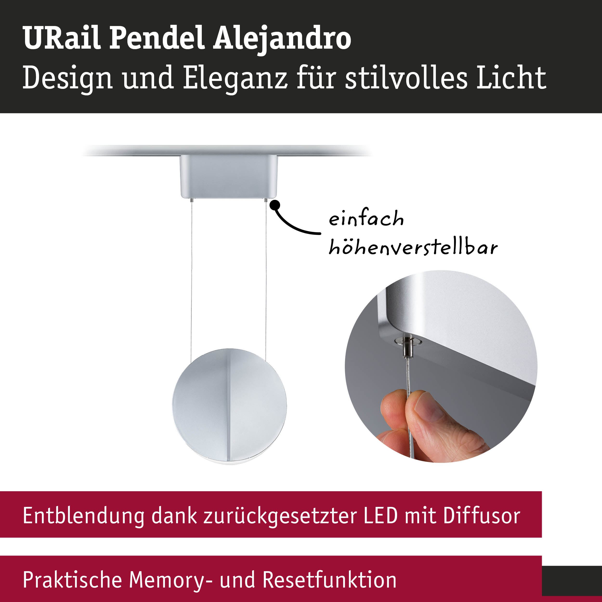 URail Pendel Alejandro Hängeleuchte in Silber mit höhenverstellbarem Design und LED-Diffusor