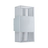 Modern silver metal wall light with vertical slats for stylish indoor lighting and home decor