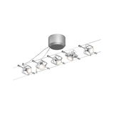 Modern cable lighting system with five adjustable silver LED spotlights for versatile room lighting