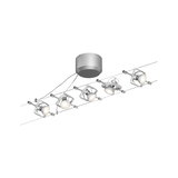 Moderne kabelbelysningssystem med fem justerbare sølv LED-spotlights til alsidig rumbelysning